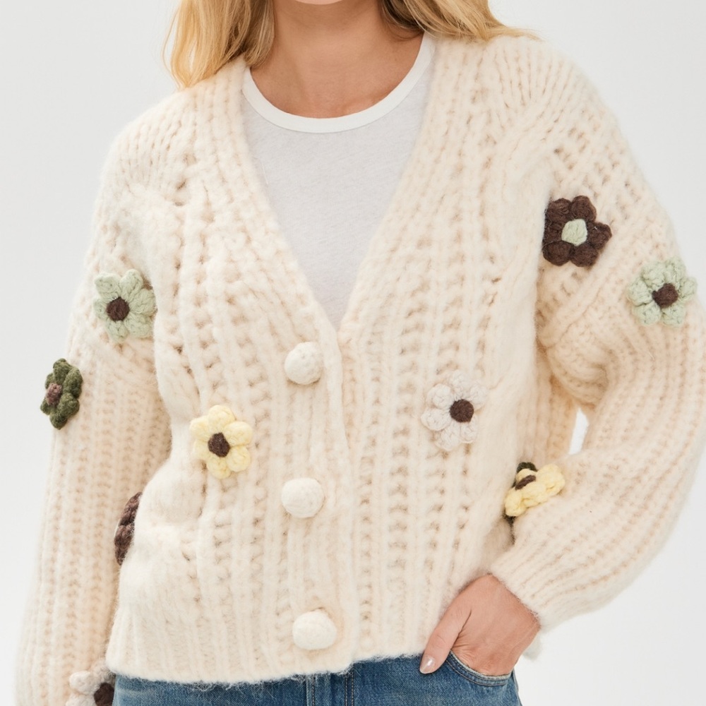 Gently used Little Lies Viola Flower Cardigan- Floral Cream Cardigan Sweater